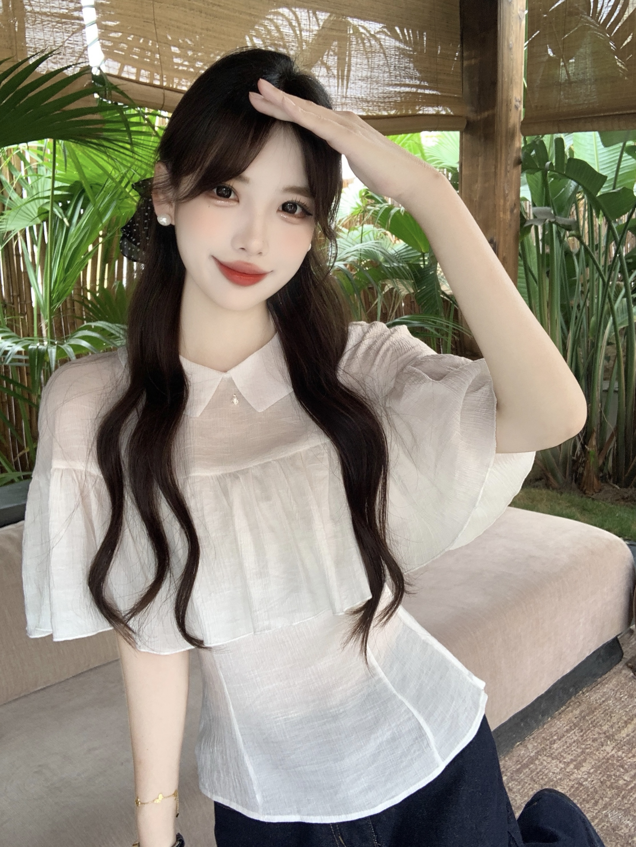 실사 빅 사이즈 여성 의류 지방 mm 여름 새로운 수공 플리츠 품격 폴로 칼라 슬림해 보이는 다용도 양성 및 음성 둘 착용 셔츠