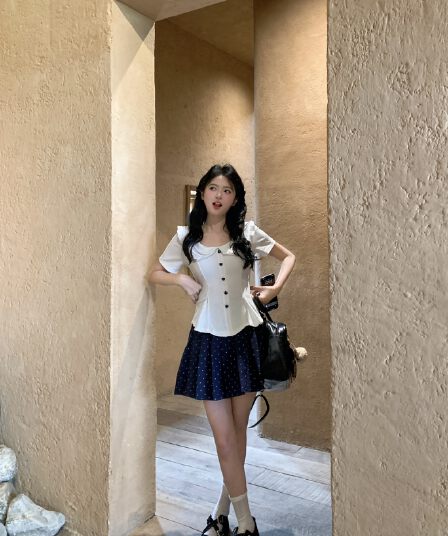 실사 빅 사이즈 지방 mm 학원 스타일 베이비 칼라 프릴 반팔 맨위 도트 무늬 반신 스커트 슬림해 보이는 세트