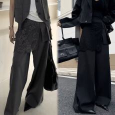 批发美式优雅<b class='q'>蕾丝</b>拼接百褶西裤2026春夏新款韩版百搭显瘦假两件阔腿裤