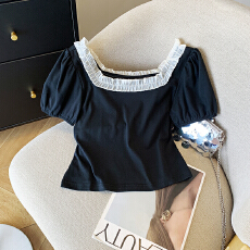 批发实拍 大货 2026夏季新款ins短款花边方领上衣甜辣妹黑色显瘦T恤女