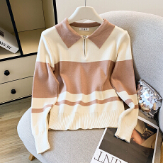 实拍 大货 2026春装新款韩版气质POLO领条纹撞色上衣针织衫毛衣女