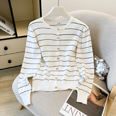批发实拍 大货 2026春装新款设计感韩版条纹圆领上衣<b class='q'>针织衫</b>毛衣女开衫