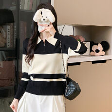 批发实拍 大货 2025秋装新款韩版气质POLO领条纹撞色上衣针织衫毛衣女