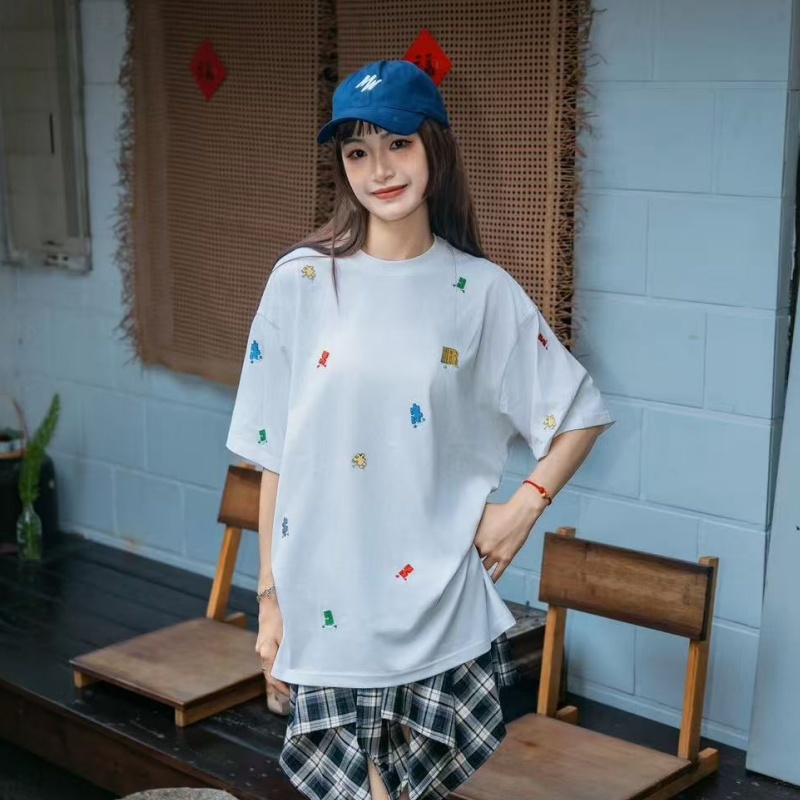FA23893# 美式复古刺绣拼图短袖t恤女夏季新款oversize设计感小众上衣