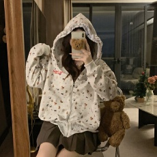 批发实拍现货设计感小众美式复古连帽<b class='q'>卫衣</b>女宽松休闲百搭开衫外套上衣