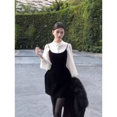 批发法式千金风气质<b class='q'>娃娃领</b>衬衫女秋冬季新款设计感收腰吊带<b class='q'>连衣裙</b>套装