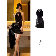 批发辣妹性感黑色镶钻镂空拼接PU皮<b class='q'>修身</b><b class='q'>连衣裙</b>2025冬季纯欲风包臀短裙