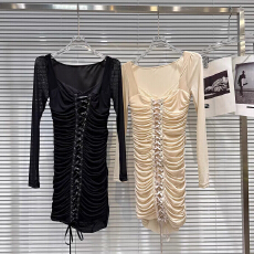 批发网红同款2025冬季新款御姐名媛绑带抽绳设计<b class='q'>修身</b>网纱长袖<b class='q'>连衣裙</b>女