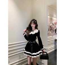 批发赫本千金 法式黑色<b class='q'>丝绒</b><b class='q'>连衣裙</b>镂空蕾丝领口公主蓬蓬裙