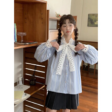 批发姜姜姜酱Jiang jam 复古少女<b class='q'>蝴蝶结</b>系带<b class='q'>衬衫</b>女长袖新款条纹上衣