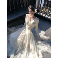 批发从一时刻【木上痕】清冷感假两件连衣裙V领蕾丝拼接网纱大摆长裙