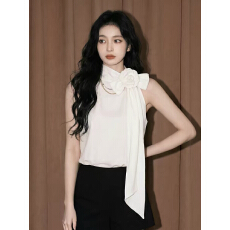 批发小香风<b class='q'>蝴蝶结</b>无袖棉麻上衣女夏法式小资背心娃娃衫巨好看雪纺<b class='q'>衬衫</b>