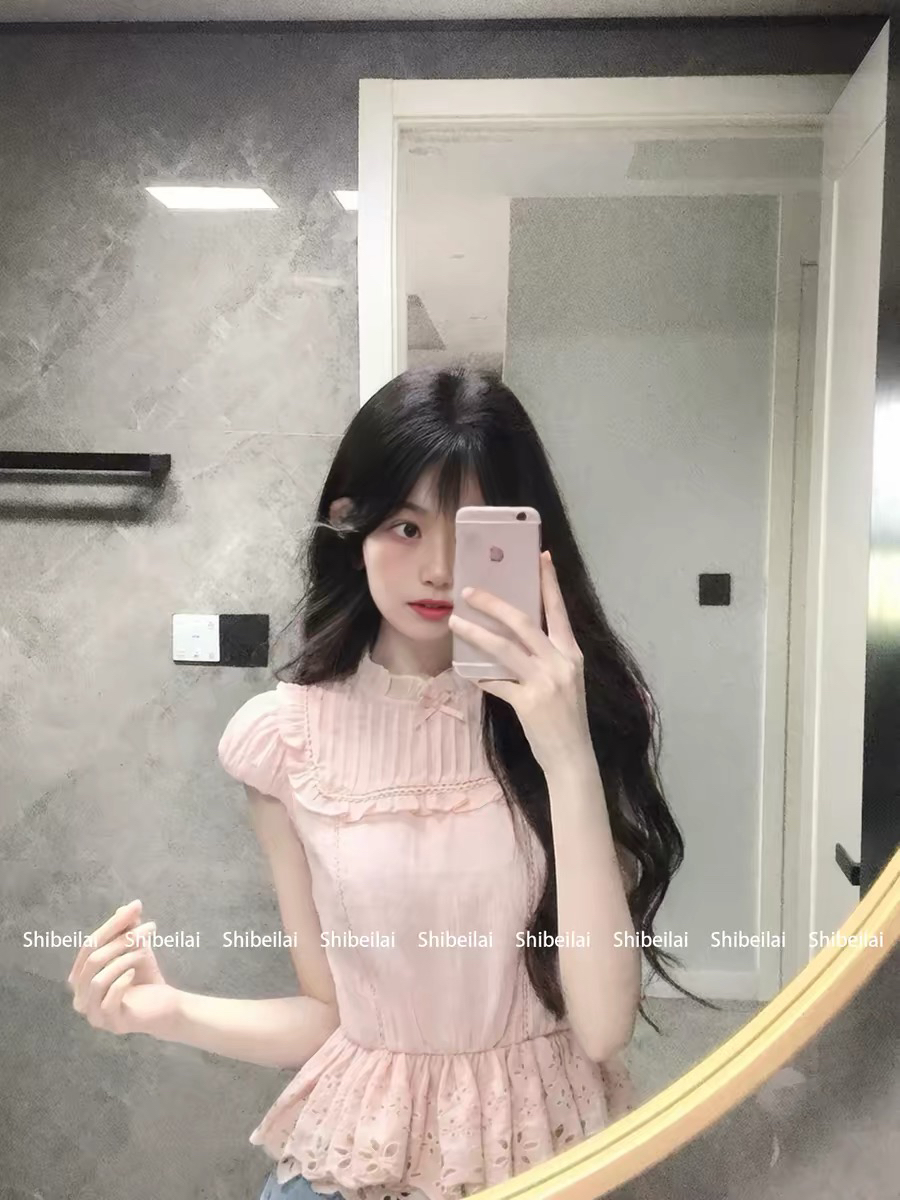 부드러운 천 금빛 바람 프랑스식 궁정 바람 쉬폰 블라우스 레이스 레이스 밑단 허리 수축 셔츠 다용도 맨위