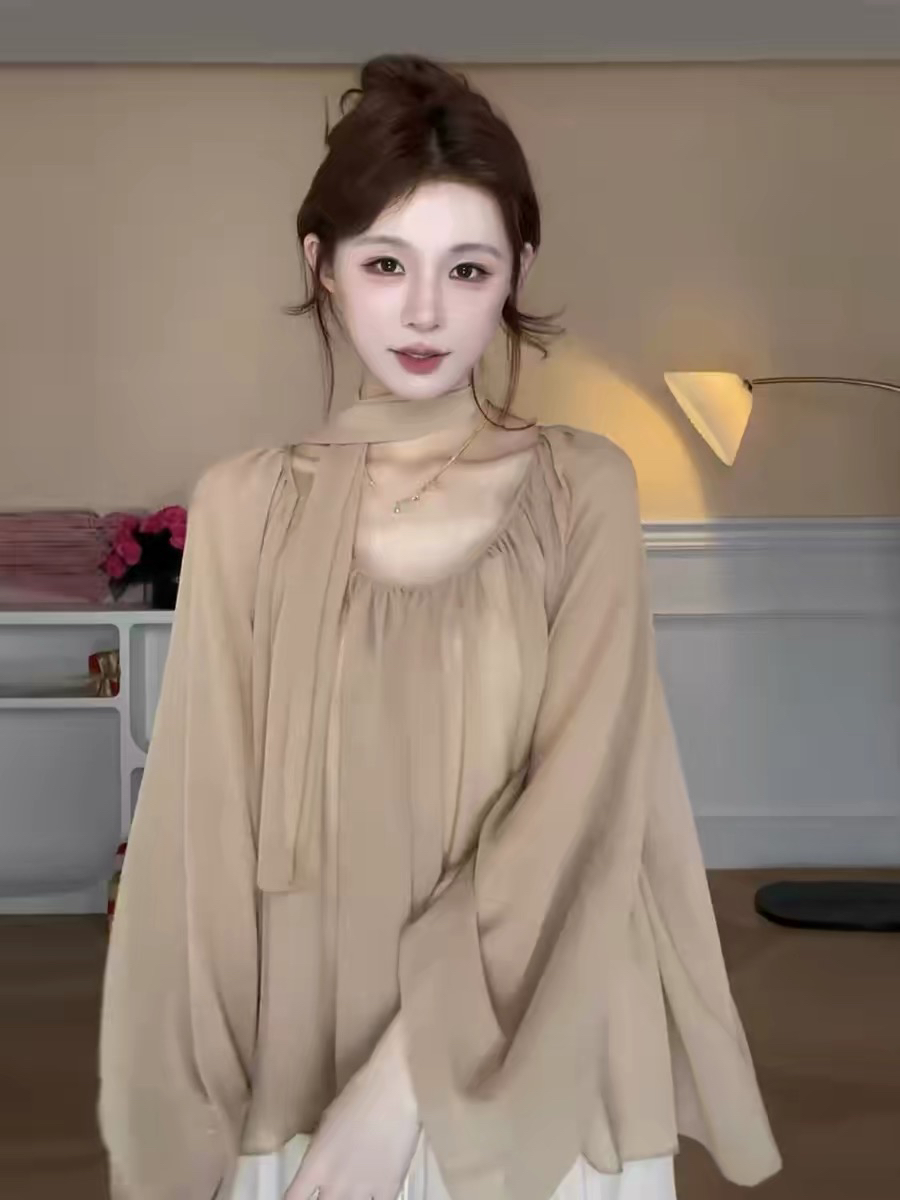 2026 슈퍼 화재 연령 감소 맨위 한 부서 아름다운 싱글 착용 작은 셔츠 이른 봄 새로운 디자인 센스 느긋한 리본 여성 셔츠