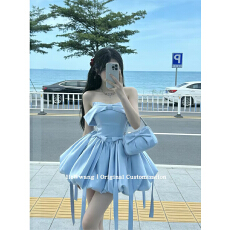 批发蓝色抹胸连衣<b class='q'>裙</b>女法式party小<b class='q'>礼服</b>重工蝴蝶结蓬蓬<b class='q'>公主裙</b>生日<b class='q'>裙</b>子
