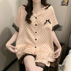 批发加肥加大260斤胖MM高级感爱心印花冰丝翻领家居服短袖短裤<b class='q'>睡衣</b>