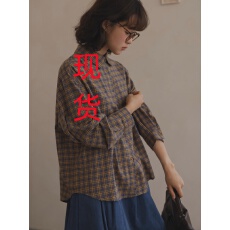 批发半芍日系格子<b class='q'>长袖</b>磨毛<b class='q'>衬衫女</b>秋冬百搭翻领上衣宽松纯棉小个子衬衣