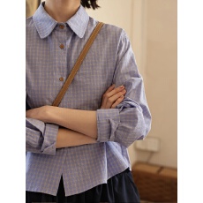 批发半芍日系格子<b class='q'>长袖</b><b class='q'>衬衫女</b>秋季休闲百搭翻领上衣宽松纯棉小个子衬衣