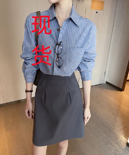 pinkeen 블루 화이트 스트라이프 POLO 칼라 긴팔 여성 셔츠 가을 2025 새로운 캐주얼 연령 감소 출퇴근 맨위