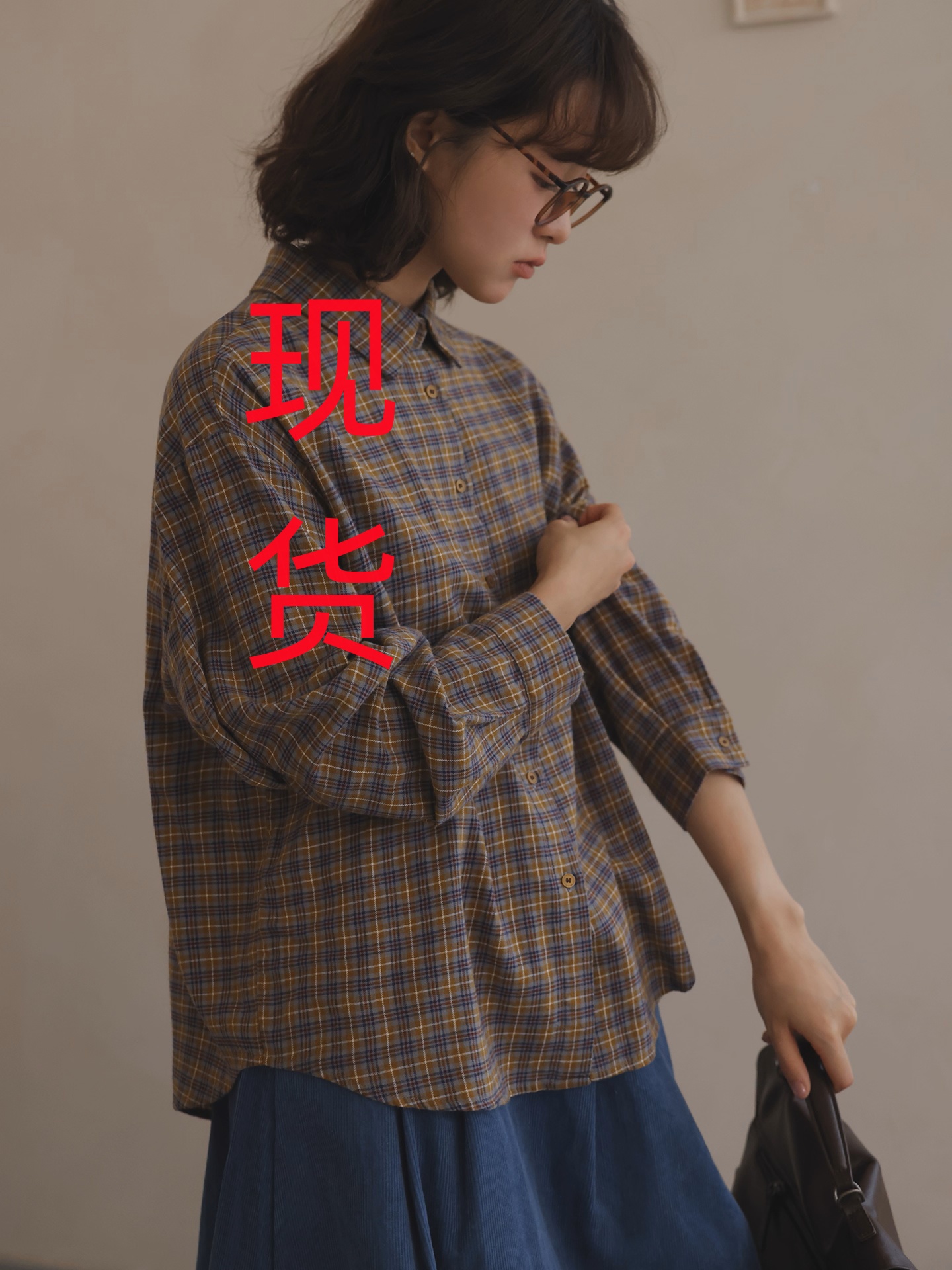 하프 │ 일본식 체크무늬 긴팔 연삭 털 여성 셔츠 가을 겨울 다용도 폴로 칼라 맨위 루즈핏 순면 작은 키 셔츠