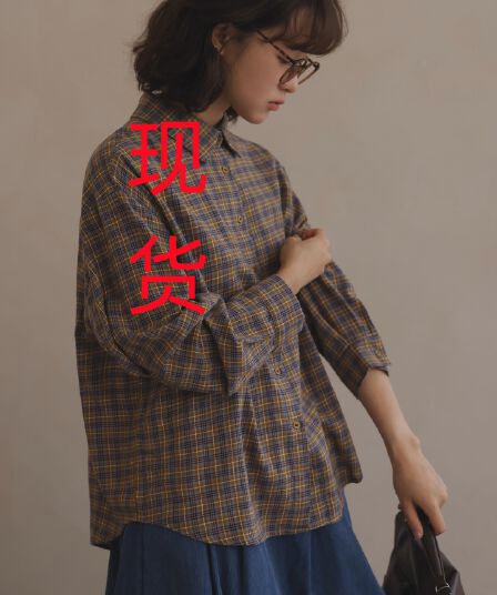 하프 │ 일본식 체크무늬 긴팔 연삭 털 여성 셔츠 가을 겨울 다용도 폴로 칼라 맨위 루즈핏 순면 작은 키 셔츠