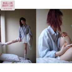 批发HelloooEat 纯棉轻薄浅蓝条纹衬衫韩版宽松<b class='q'>休闲</b>单排扣长袖上衣女