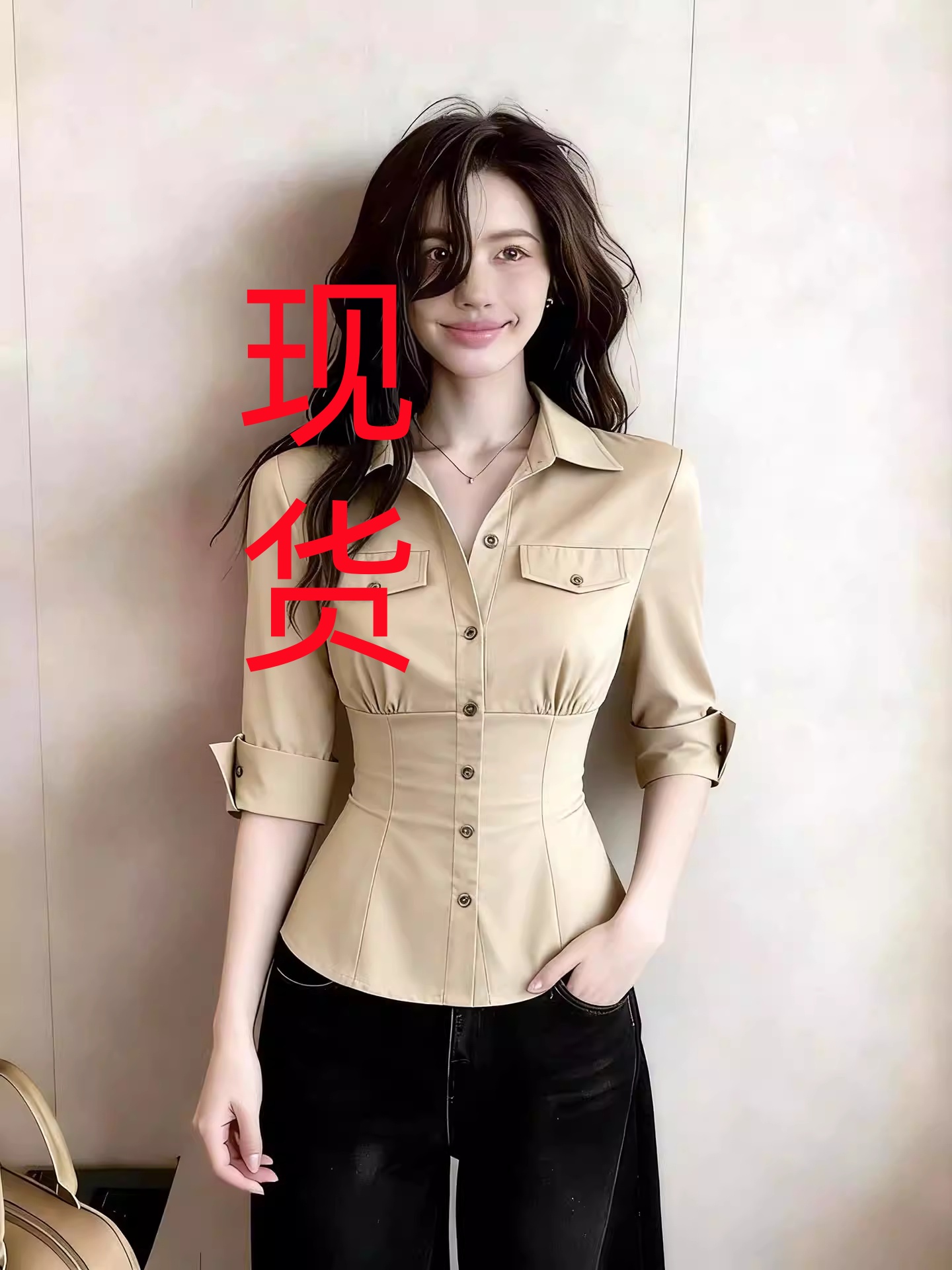 빛 요리 한 바람 폴로 칼라 중간 소매 여성 셔츠 2026 여름 새로운 카키 색 허리 수축 슬림해 보이는 연령 감소 캐주얼 셔츠