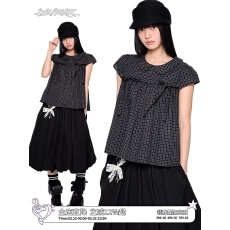 批发EZEK<b class='q'>娃娃领</b>格纹绑带短袖<b class='q'>衬衫</b>女夏新款宽松休闲显瘦复古娃娃衫T恤