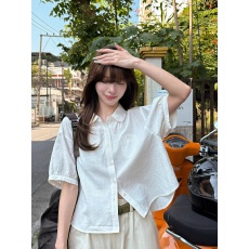 批发奶兔星球-自制 娃娃领小花苞袖口薄款<b class='q'>短袖</b><b class='q'>衬衫女</b>夏纯色宽松上衣