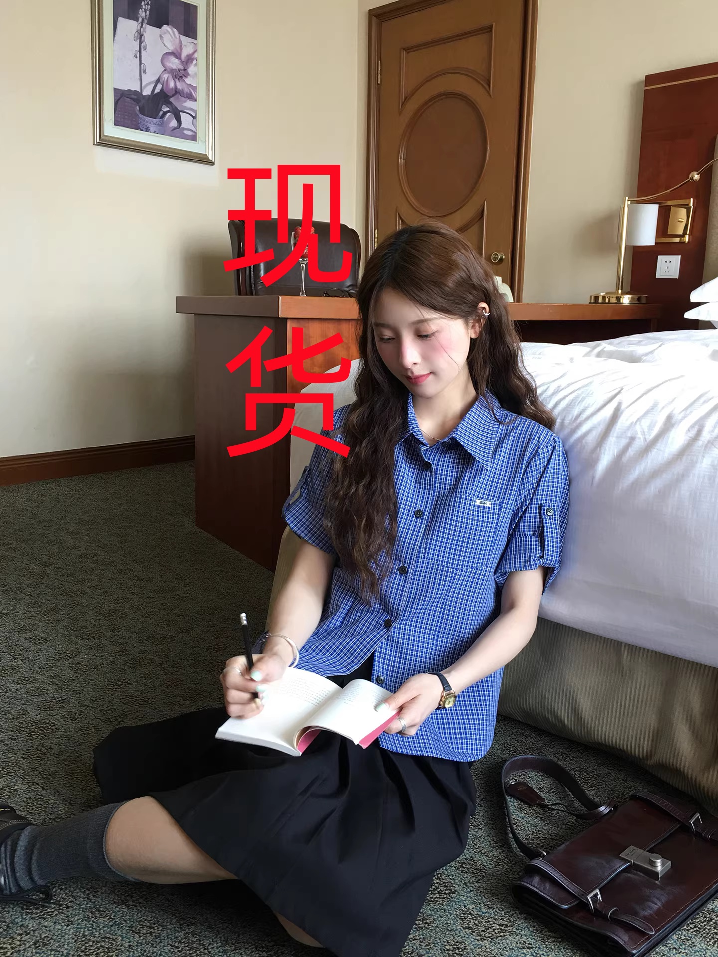 whystudio miu 부서 체크무늬 높음 지혜 센스 품격 출퇴근 긍정적 인 어깨 허리 수축 디자인 센스 버클 袢 반팔 셔츠