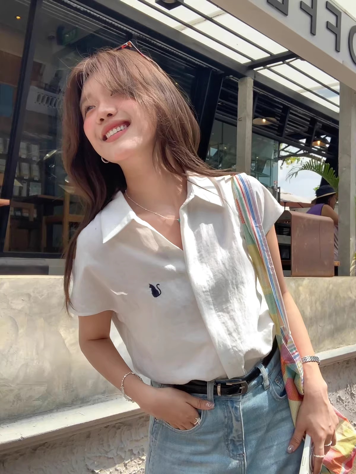 sisilyon 화이트 치자 나무 긴 여름 한국 스타일 미니멀리즘 바람 심지어 어깨 소매 여성 셔츠 작은 키 자수 주간 실크 흰 셔츠