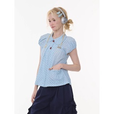 批发ziziFei''甜甜满天星''夏季新款浅蓝色<b class='q'>波点</b>复古娃娃领短袖<b class='q'>衬衫</b>女