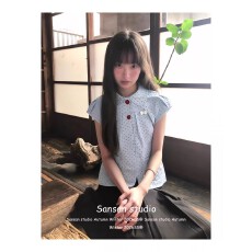 批发多巴胺波点短袖衬衫女初夏季穿搭娃娃领衬衣修身显瘦韩系蓝色上衣