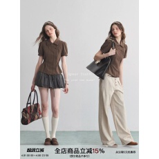 批发SPEAR YOUTH“咖啡屋”条纹双排扣<b class='q'>衬衫</b>可调节收腰泡泡袖<b class='q'>t</b><b class='q'>恤</b>短袖