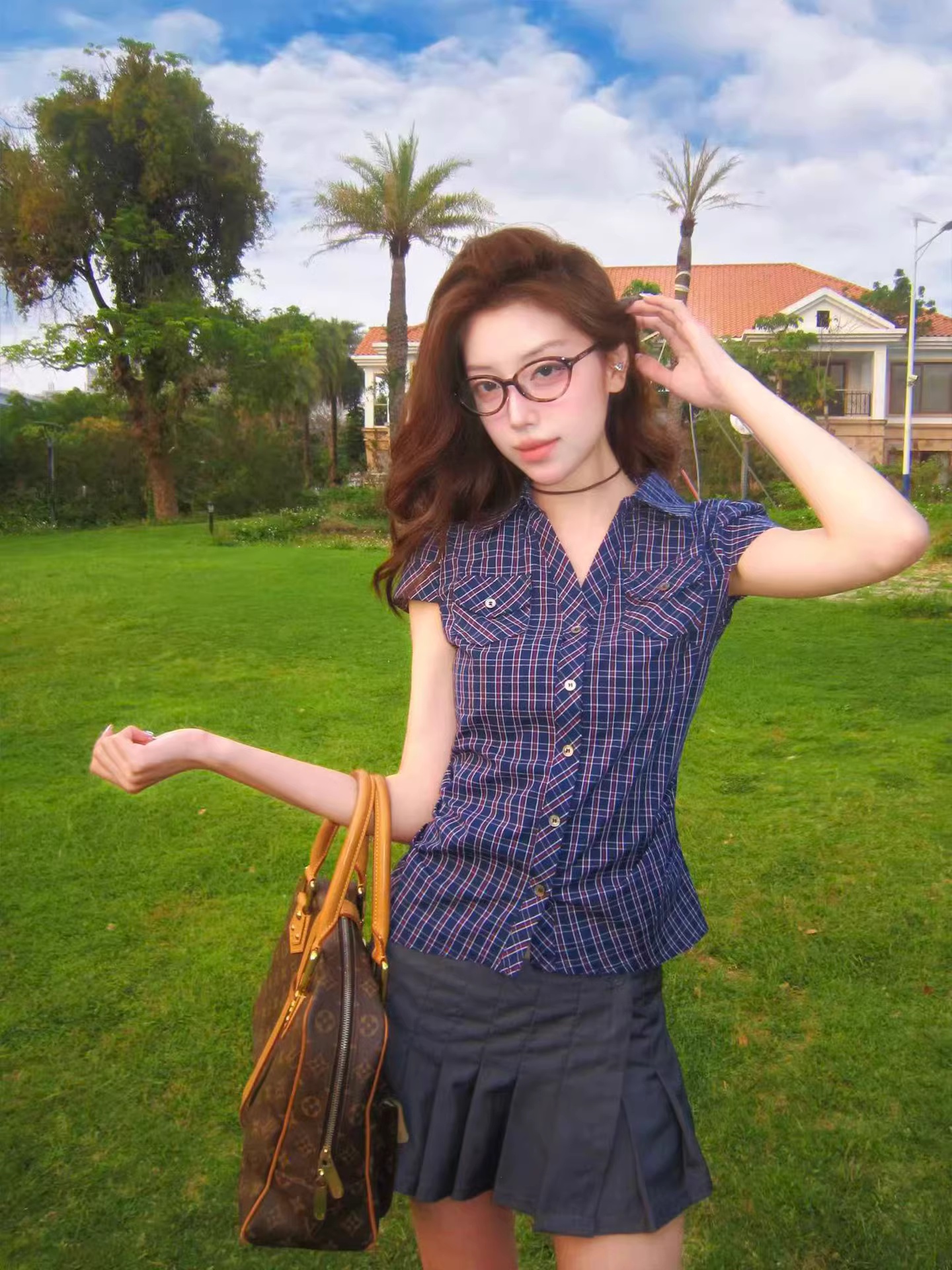 understress 체크무늬 폴로 칼라 몸매 가꾸기 반팔 셔츠 디자인 센스 여름 캐주얼 허리 수축 슬림해 보이는 품격