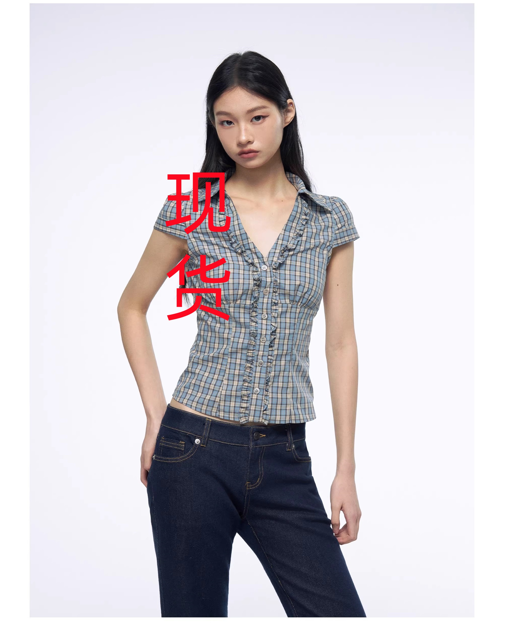 archivum 파란색 프릴 스트라이프 V넥 긍정적 인 어깨 허리 수축 자르기 디자인 센스 셔츠 반팔 맨위 여름