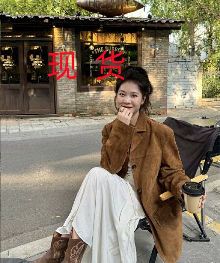 스웨이드 정장 여성 코트 2026 이른 봄 가을 새로운 가죽 재킷 아름다움 라드. 브라운 고급 센스 작은 키 커피 색상