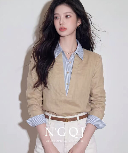 코치 사소한 맨위 여성 2026 가을 높음 지혜 센스 느슨함 출퇴근 오래된 돈 바람 페이크 레이어드 긴팔 폴로 칼라 셔츠