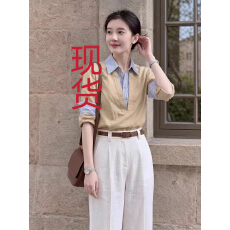 批发韩系职场条纹拼接<b class='q'>衬衫</b>2026秋季新款卡其翻领假两件亚麻女气质上衣