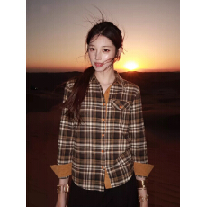 批发复古撞色格纹衬衫女秋季翻领长袖宽松显瘦美式休闲百搭格子上衣