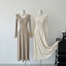 批发长款巨好看秋<b class='q'>冬</b>长袖针织连衣裙女25新款蕾丝超好看<b class='q'>冬</b>裙子