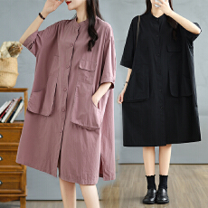 批发实拍夏季新款小<b class='q'>立领</b>宽松纯色连衣裙纽扣开衫大口袋休闲裙子