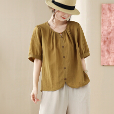 批发<b class='q'>实拍</b>夏季新款圆领文艺简约<b class='q'>T</b><b class='q'>恤</b>前襟褶皱设计纽扣短袖<b class='q'>衬衫</b>小衫
