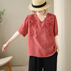 批发<b class='q'>实拍</b>夏季新款V领文艺绣花短袖<b class='q'>T</b>恤衫民族风钉珠棉麻风<b class='q'>衬衣</b>女