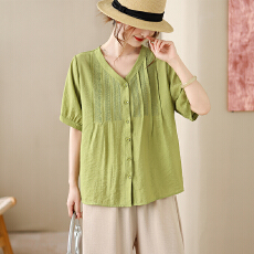 批发<b class='q'>实拍</b>夏季新款V领褶皱设计<b class='q'>衬衫</b>女宽松纽扣短袖休闲<b class='q'>T</b><b class='q'>恤</b>上衣