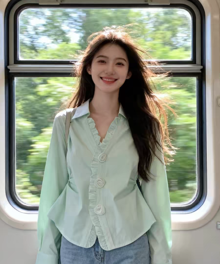 박하 녹색 POLO 칼라 패치워크 프릴 셔츠 셔츠 여성 2026 봄 도파민 프랑스식