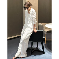 批发欧洲站女夏季松弛感呼吸<b class='q'>亚麻</b>防晒衬衫套装凉感棉麻老钱穿搭休闲裤