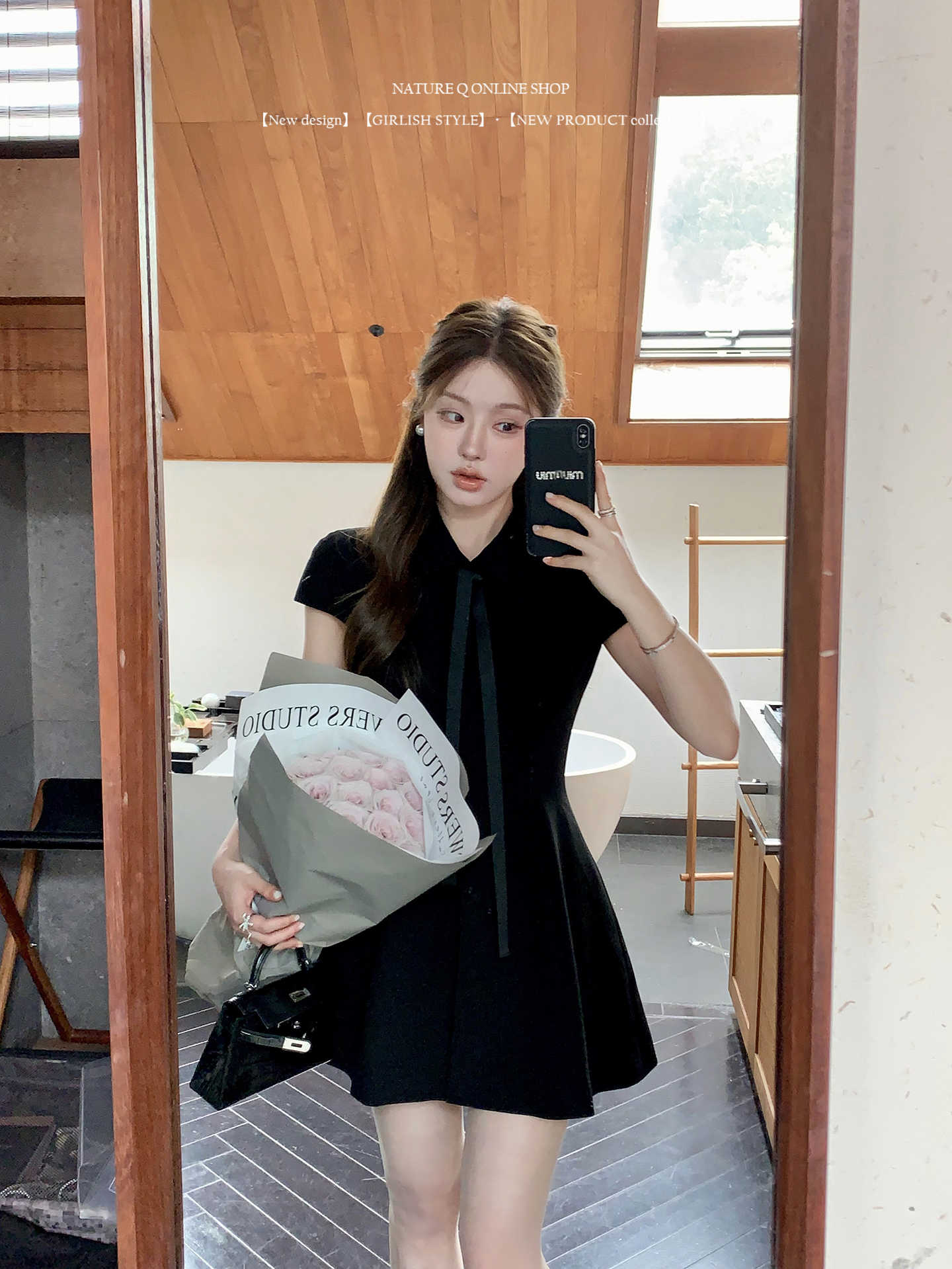 양 작은 볼륨 miu 부서 소녀 허리 수축 슬림해 보이는 POLO 칼라 검정색 드레스 한 인사이드 한 가스 몸매 가꾸기 작은 검은 드레스