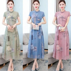 批发夏装2025年新款中年女装旗袍改良版太太长袖妈妈短袖<b class='q'>连衣裙</b>气质