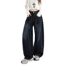 批发实拍2026春装热卖美式设计感刺绣弯刀<b class='q'>牛仔</b>裤女高腰垂感拖地阔腿裤